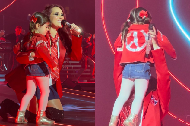 Dulce Maria emociona público ao levar a filha ao palco do show do RBD, no Madison Square Garden. (Foto: Instagram