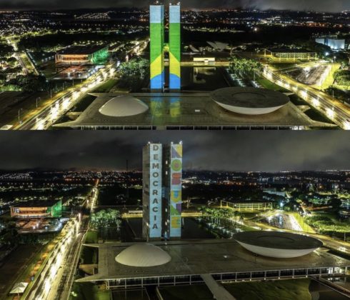 Na parede do prédio foi estampada frase 'Democracia nos Une". (Foto: Montagem Instagram)