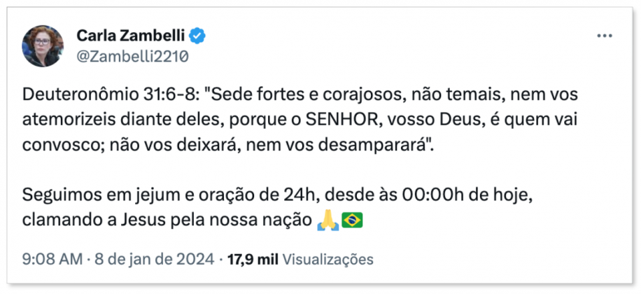 Carla Zambelli faz jejum em aniversário de 8/1 (Foto: X)