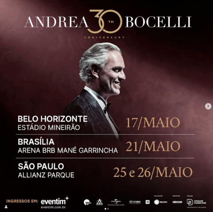 Considerado o artista de maior sucesso na história da música clássica, o tenor já realizou cinco turnês no Brasil, a última vez em 2018, todas produzidas pela Dançar Marketing. (Foto: Divulgação)