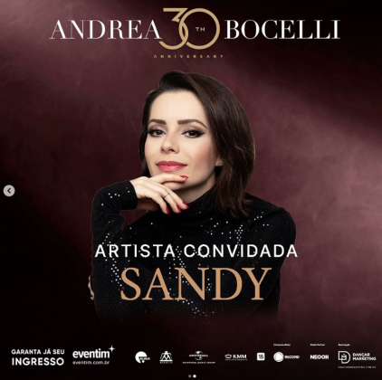 A participação de Sandy nesta turnê especial ao lado de Bocelli certamente elevará ainda mais o prestígio e a emoção desses concertos históricos, numa fusão única de estilos e emoções. (Foto: Divulgação)