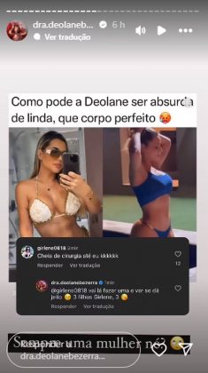 Deolane Bezerra utilizou as redes sociais e reagiu após uma seguidora ter rasgado críticas sobre sua aparência. (Foto: Instagram)