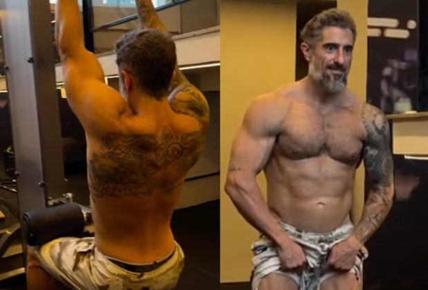 O apresentador Marcos Mion, de 44 anos, compartilhou em suas redes sociais um vídeo de sua rotina de treinos na academia. (Foto Instagram)