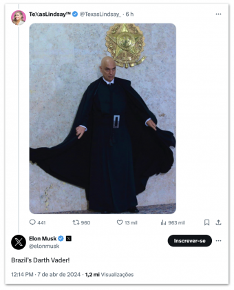 Elon Musk gera controvérsia ao comparar Alexandre de Moraes com "Darth Vader do Brasil". (Foto: Instagram)