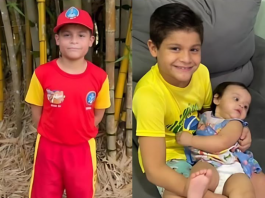 Benjamin Noah, de 9 anos, ao lado dos pais: menino salvou a irmã de 1 ano após ela se engasgar durante o jantar.