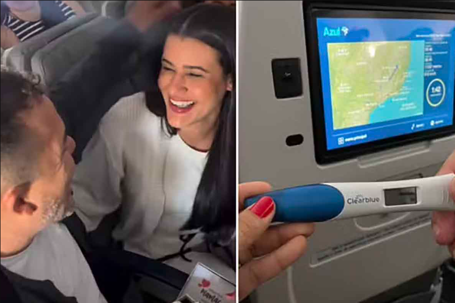 Tâmara Lissaraça entrega carta à comissária da Azul momentos antes da surpresa a bordo. (Créditos: Reprodução)