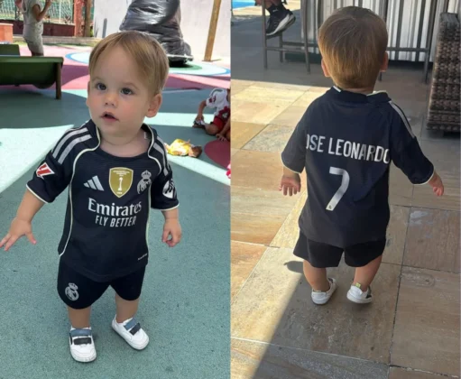 Filho de Virginia Fonseca posa com camisa de Vini Jr. em mans&atilde;o no Rio (Foto: Instagram)