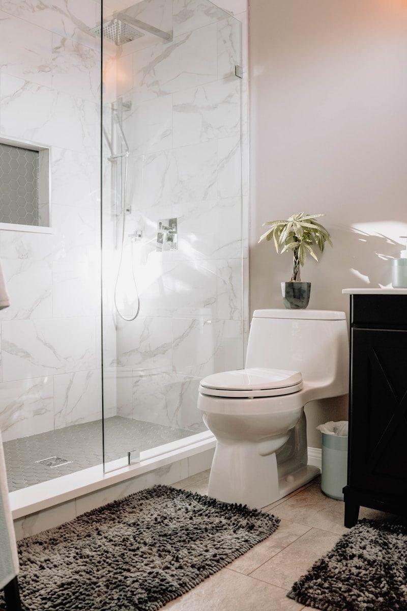 A white toilet beside a glass shower with marble tiles and a small plant