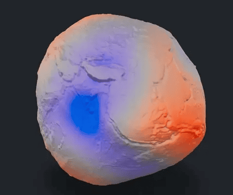 Representação tridimensional mostra o comportamento da gravidade no planeta. (Créditos: NASA)