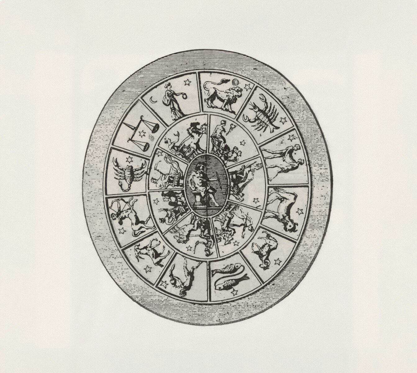 Zodiac wheel with astrological symbols and figures