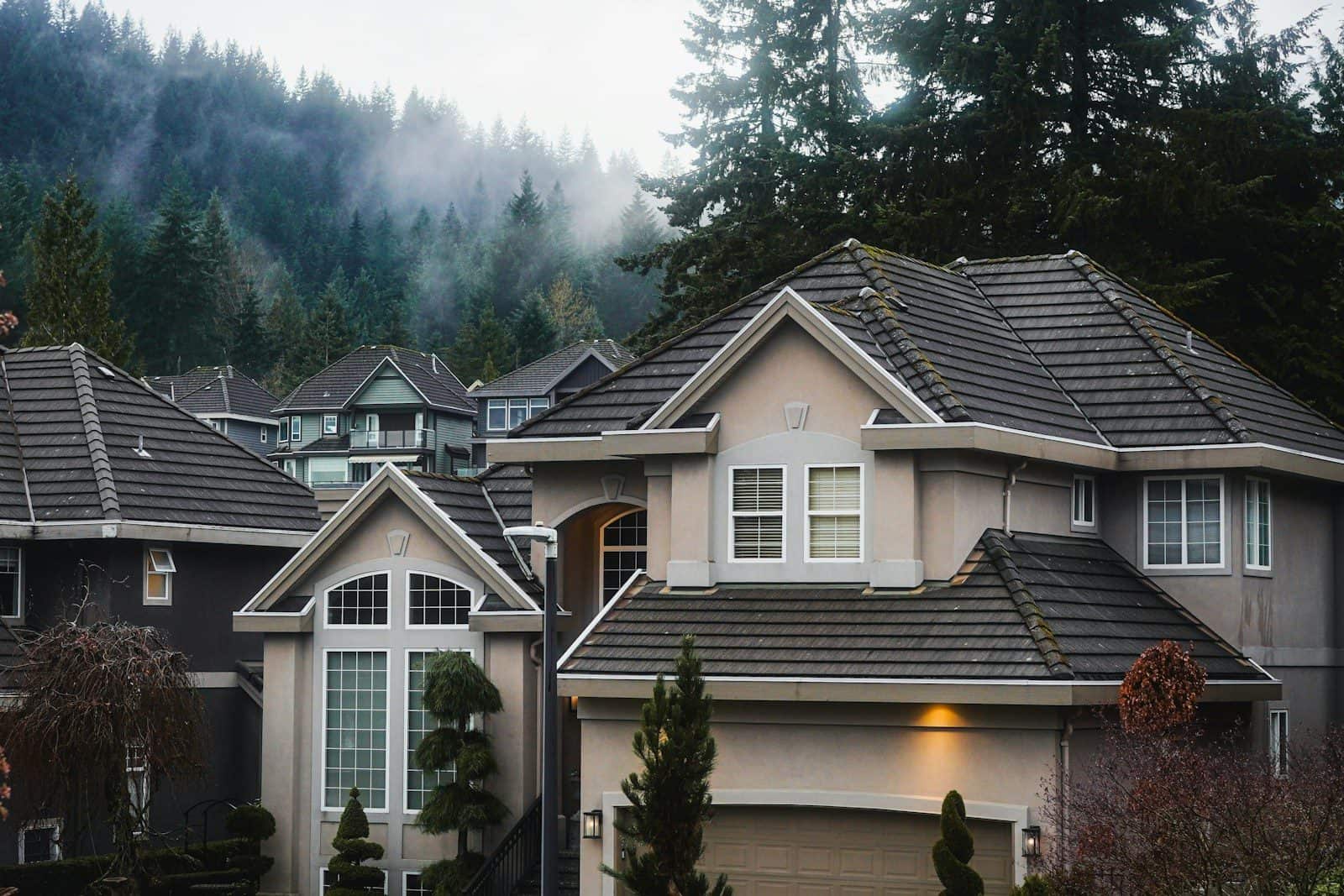 Suburban houses nestled against a misty, forested hillside