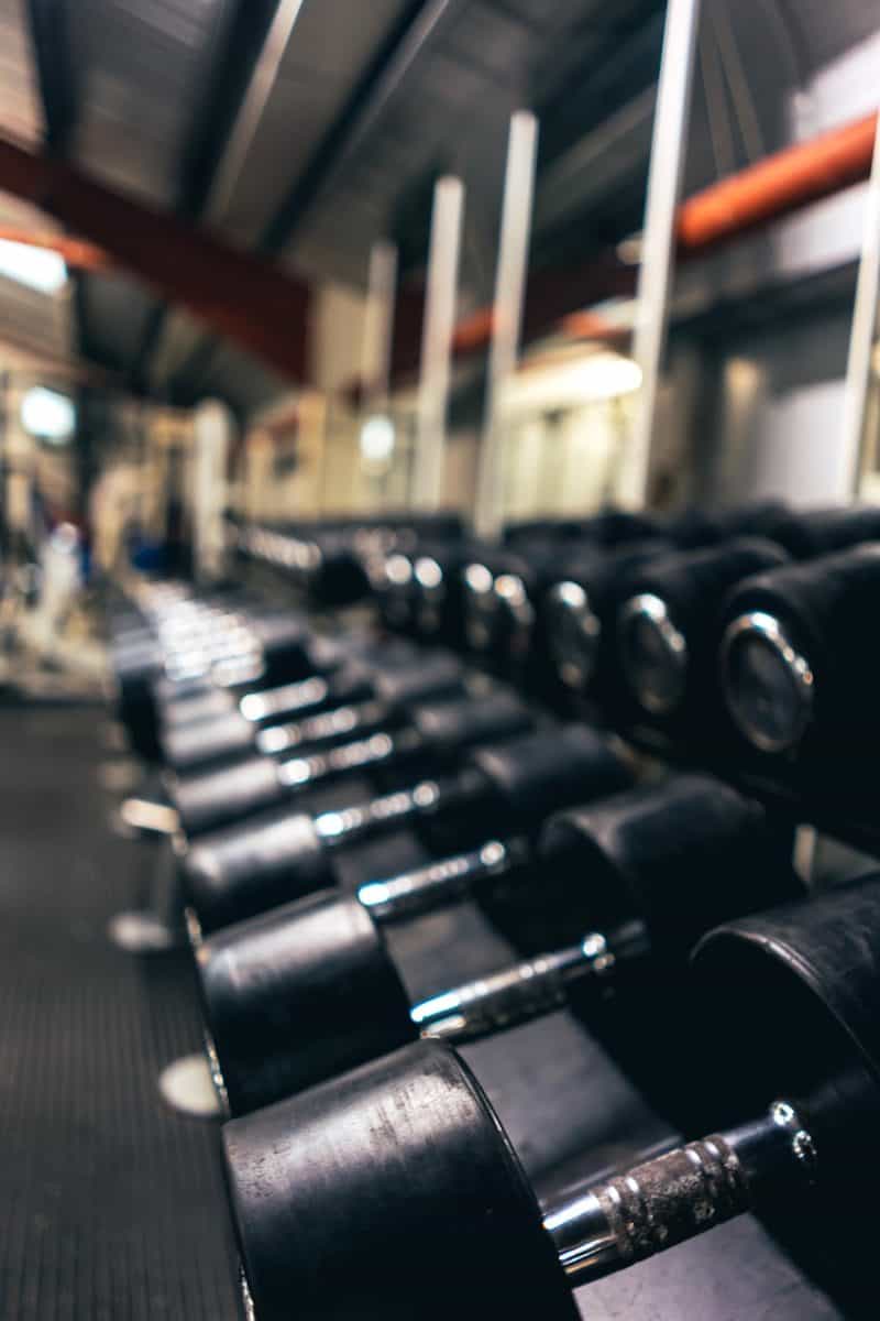 A row of black dumbbells on a rack in a gym