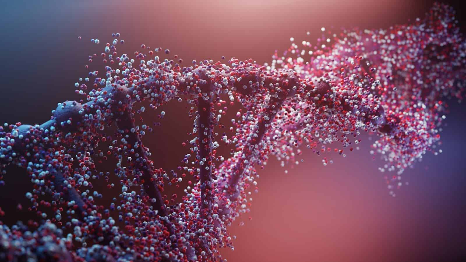 A DNA double helix structure composed of red and white particles against a gradient