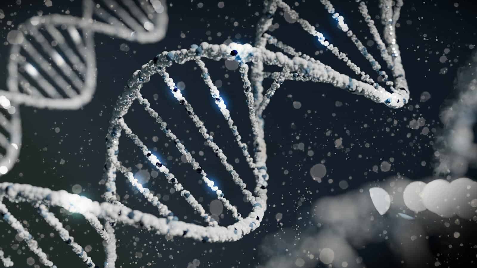 A glowing white DNA double helix structure floating against a dark background
