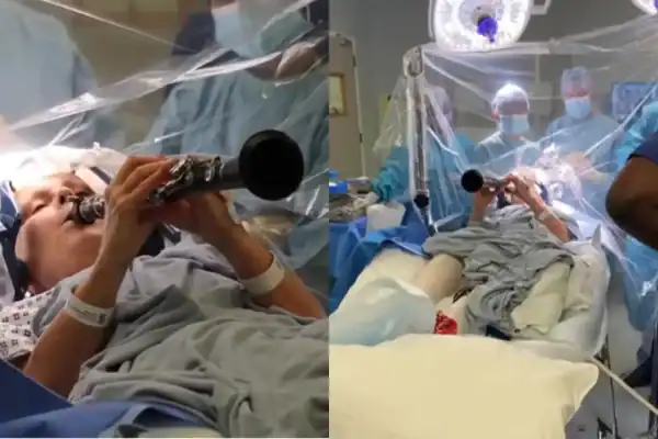 Mulher com Parkinson toca clarinete durante cirurgia no cérebro