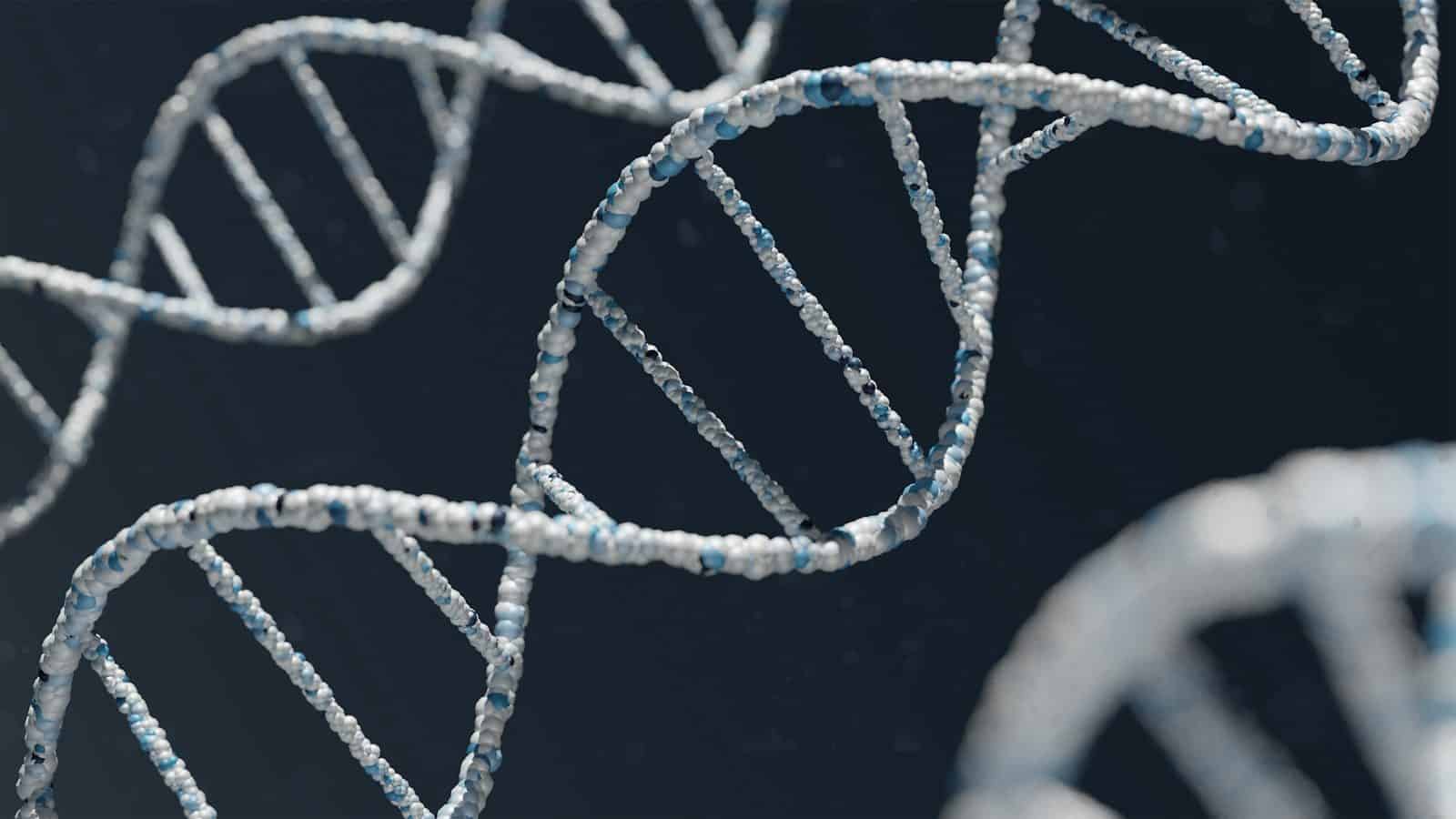 A white and blue DNA double helix structure against a dark background