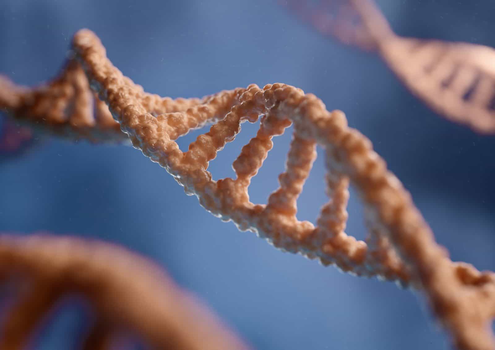 A textured double helix DNA strand against a soft blue background