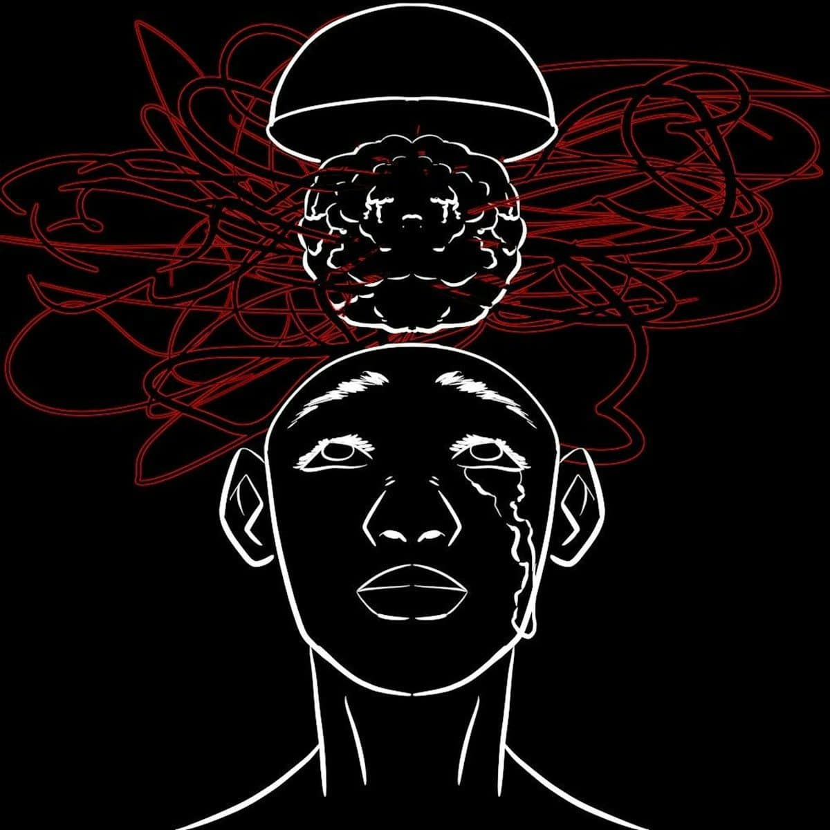 A person with a floating brain and red tangled lines against black
