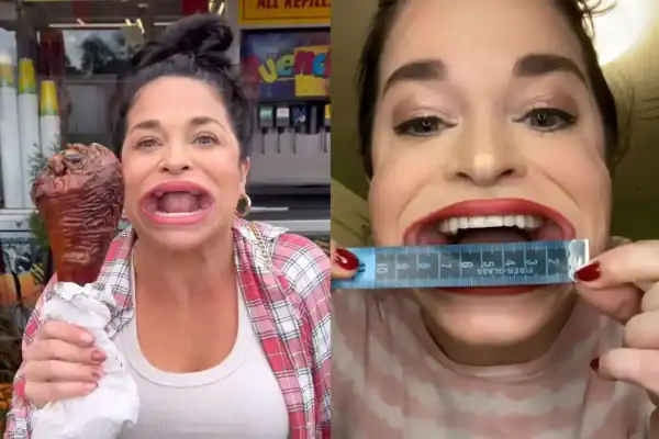 Mulher com maior abertura de boca já registrada impressiona ao comer alimentos inteiros de uma vez