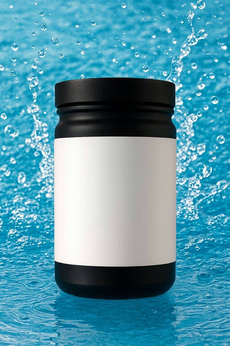 Black container with white label, water splashes