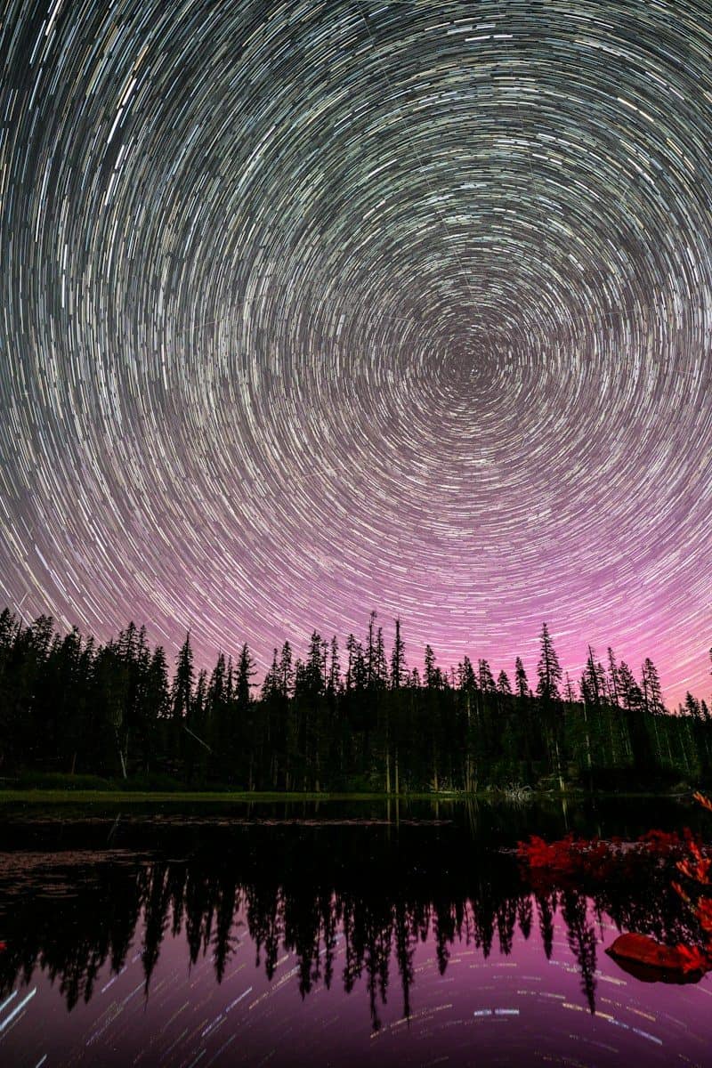 Star trails over forest and lake with purple sky
