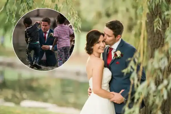 Noivo interrompe fotos do próprio casamento e pula em lago para salvar menino que se afogava